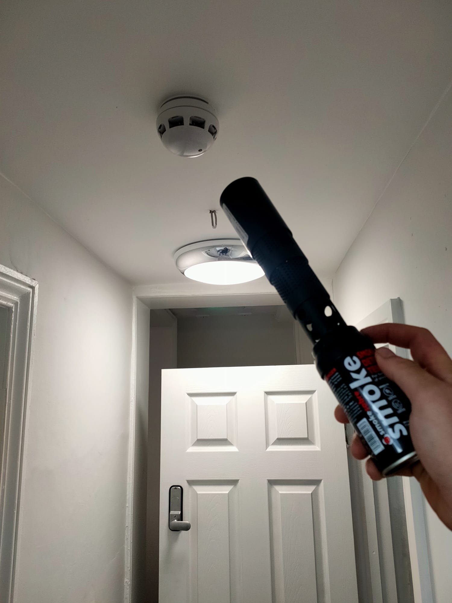 Holding up fake smoke to a smoke detector to ensure it works as expected.