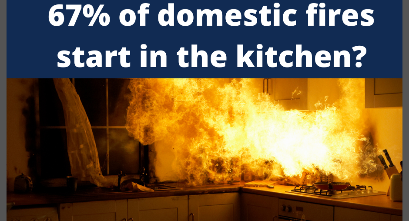 An image with the large lettering DID YOU KNOW? 67% of all fires are started in the kitchen, underneath is an image of a kitchen with a fire starting