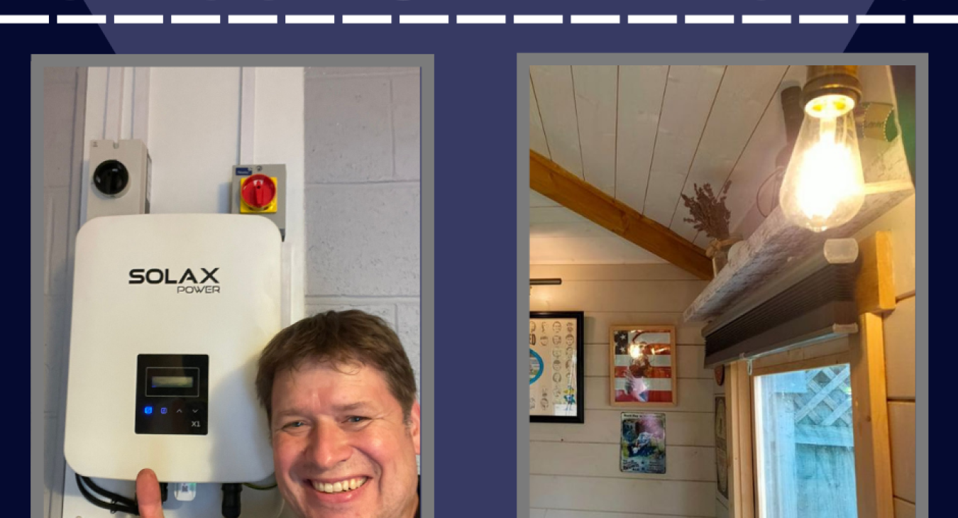 "EV chargers, Circuits and more!" as the text, there is a blue and purple background, the first image is of Chris with the Solax Inverter, next to him is another image of the lights installed in Repton