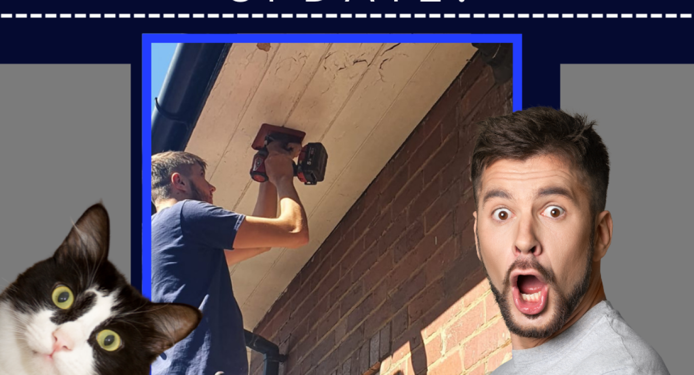 An image of one of our electricians with the extractor fan installation, above is "EXCLUSIVE FRIDAY UPDATE!" Next to the main image is a black and white cat with green eyes looking suprised with a gray square behind it to fill in gaps, on the opposite side is a man looking shocked too