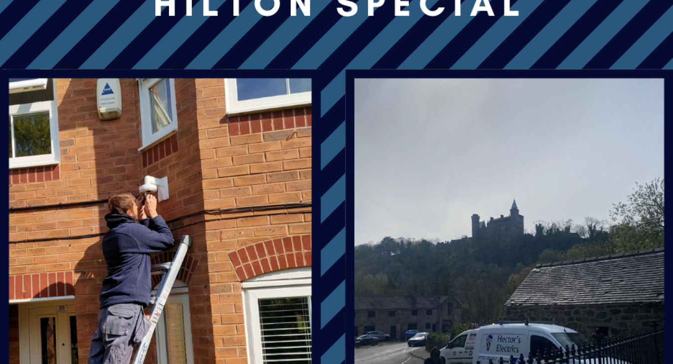 Friday update, Hilton special, there is two images, one is one of our electricians working on a CCTV installment, next to it is an image of our van in Derby.