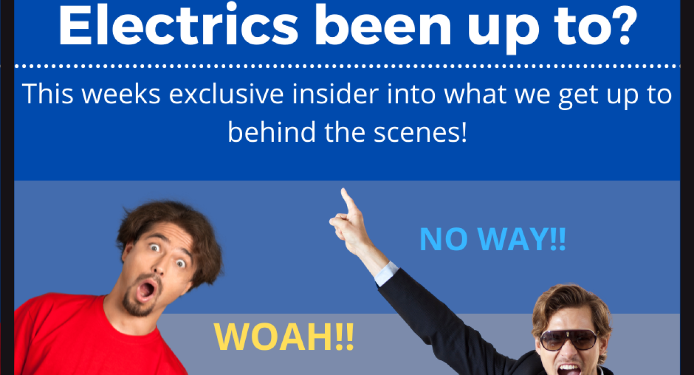 What has Hector's Electrics been up to? Two men, one peeking from the side looking shocked, another person wearing a suit pointing to the text