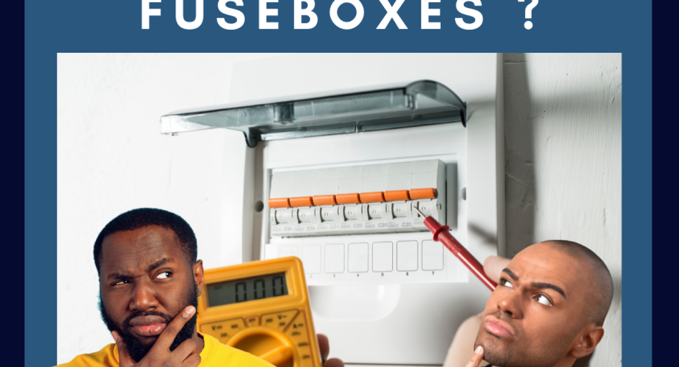 A fuse box with the title "What are fuseboxes?" with two gentlemen looking interested and curious, behind the images is a light blue square shape and a dark blue background