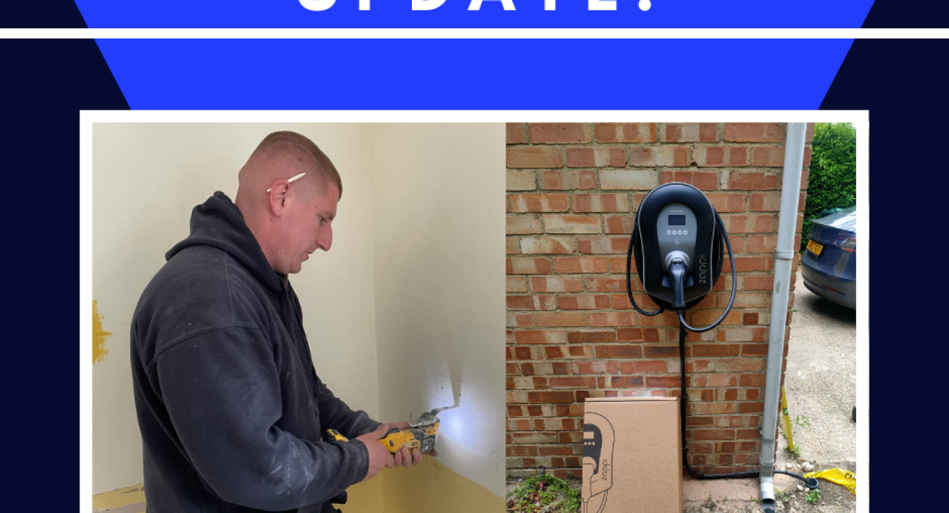 Hilton Friday Update, the two images are of Alex cutting into the plasterboard in Hilton, and the next is the MyEnergi Zappi EV Charger